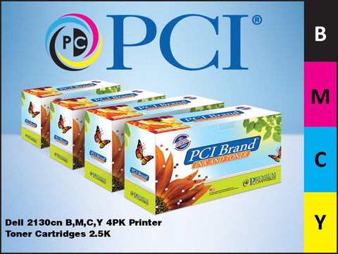 PCI Brand Dell 2130CN Bundle 4 Pack B,M,C,Y Toner Cartridges 2.5K Yield