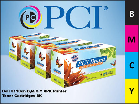 PCI Brand Dell 3110CN Bundle 4 Pack B,M,C,Y Toner Cartridges 8K Yield
